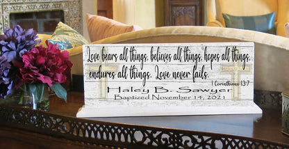 Baptism Gift For Boys or Girls Personalized Plaque Love Bears All Bible Verse - Broad Bay Personalized Gifts Shipped Fast