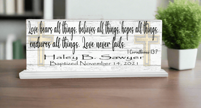 Baptism Gift For Boys or Girls Personalized Plaque Love Bears All Bible Verse