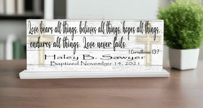 Baptism Gift For Boys or Girls Personalized Plaque Love Bears All Bible Verse