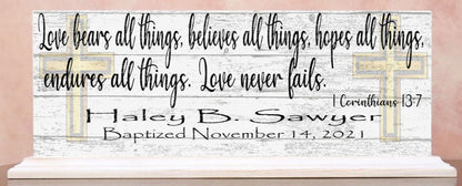 Baptism Gift For Boys or Girls Personalized Plaque Love Bears All Bible Verse - Broad Bay Personalized Gifts Shipped Fast