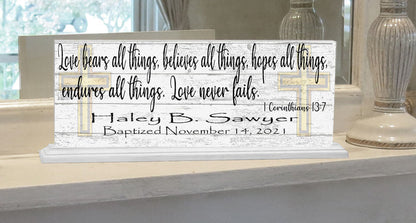 Baptism Gift For Boys or Girls Personalized Plaque Love Bears All Bible Verse - Broad Bay Personalized Gifts Shipped Fast