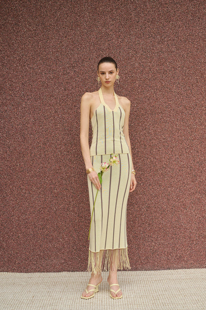 Beaded fringe striped halter knit set