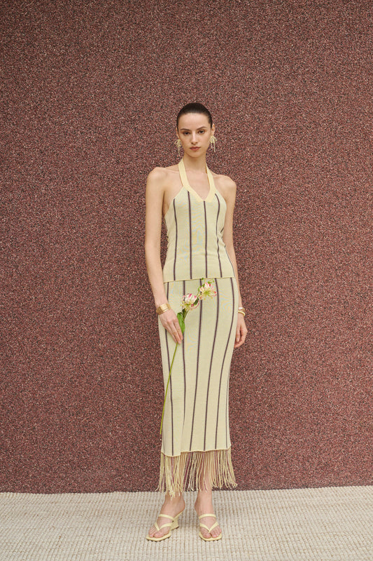 Beaded fringe striped halter knit set