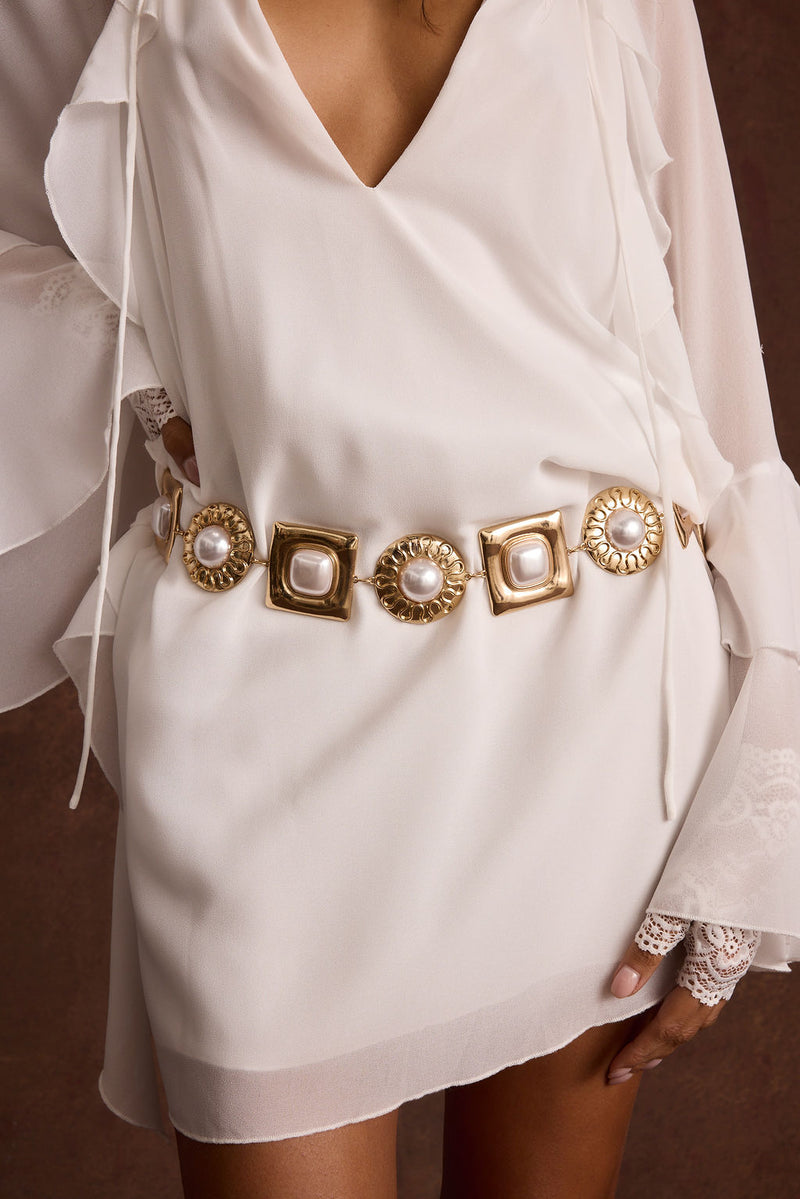 Beau Pearl Statement Chain Belt shown as part of a styled outfit ensemble.