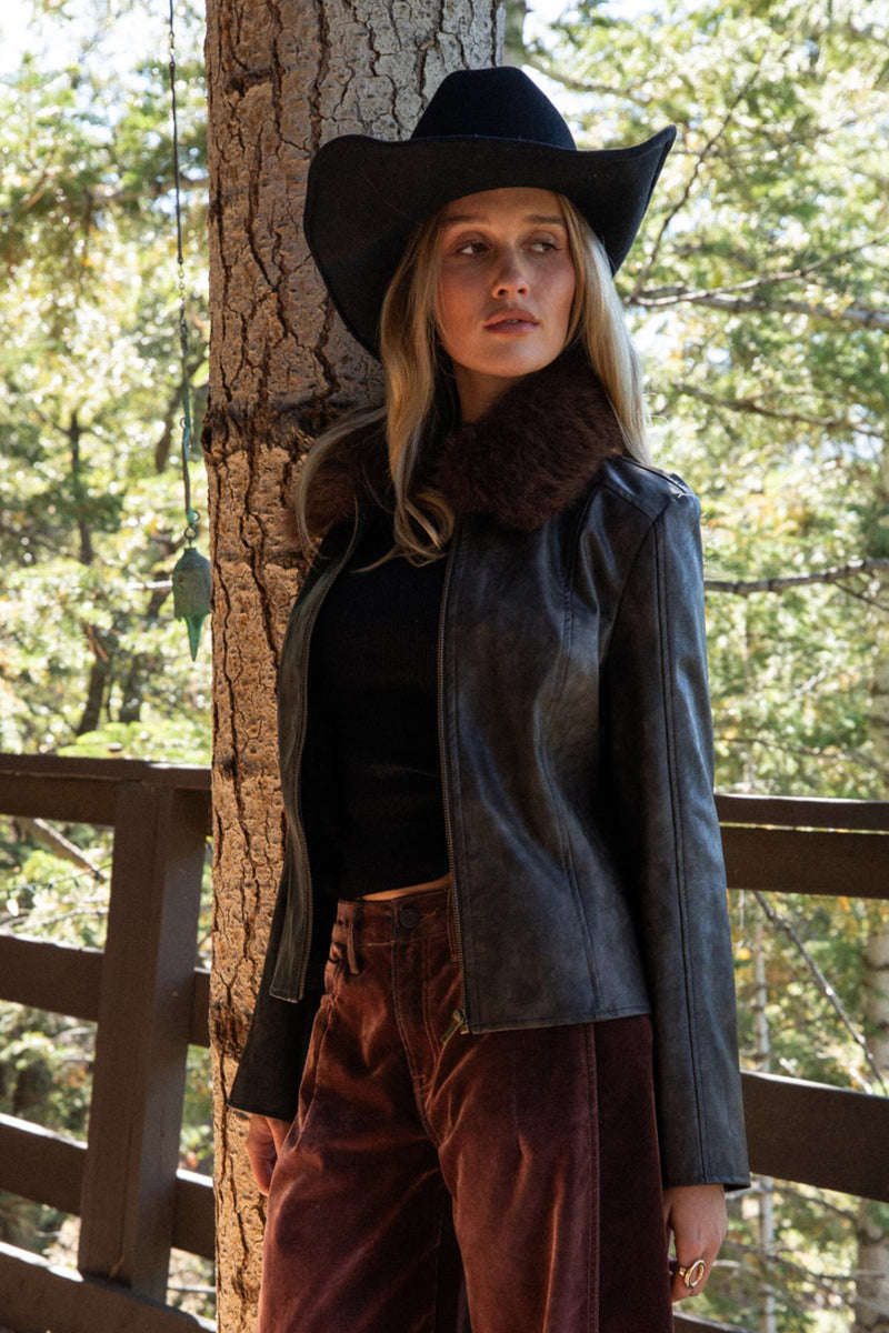 Espresso vegan leather and leather jacket with refined detailing and a flattering silhouette.