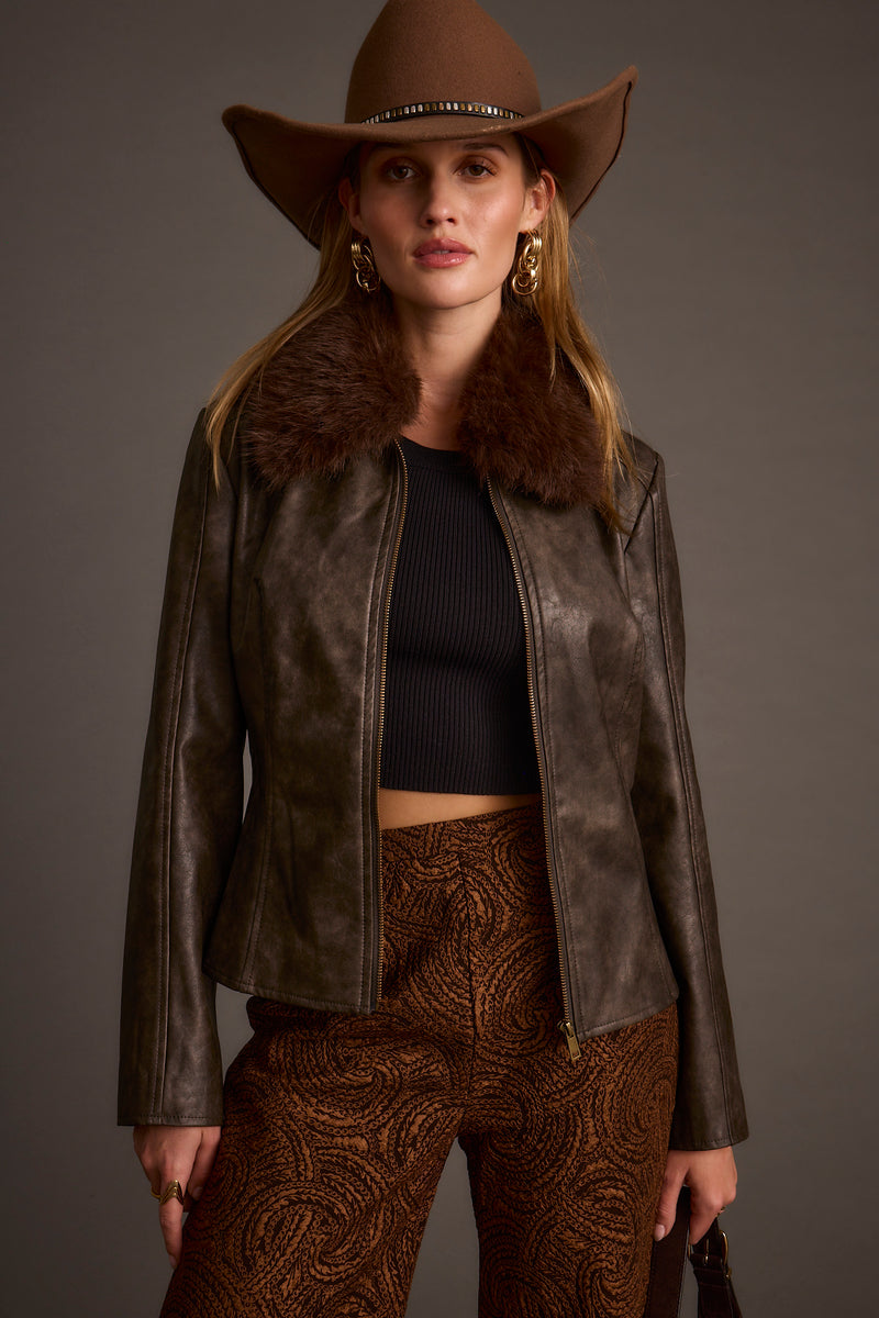Back view of the espresso vegan leather and leather jacket showing the silhouette and fit.