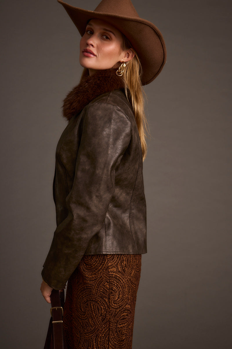 Beckett Espresso Vegan Leather Jacket shown in a complementary styling arrangement.