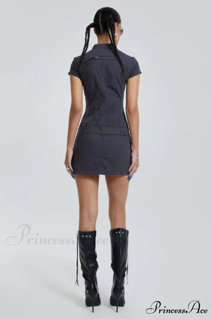 Belted Cargo Mini Charming Dress In Grey