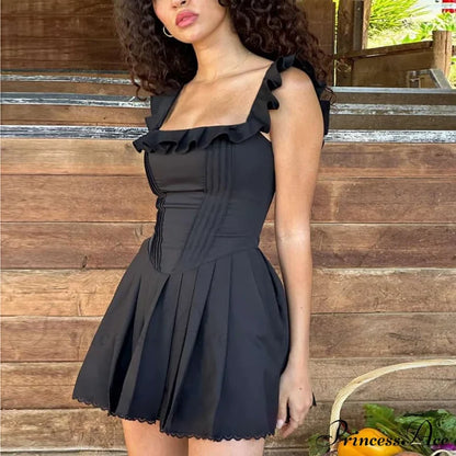 Black Corset Square Neck Graceful Frill Strap Mini Dress