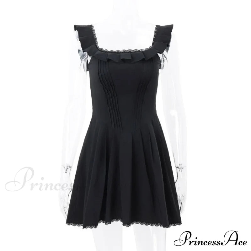 Black Corset Square Neck Graceful Frill Strap Mini Dress