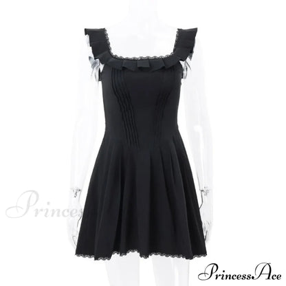 Black Corset Square Neck Graceful Frill Strap Mini Dress