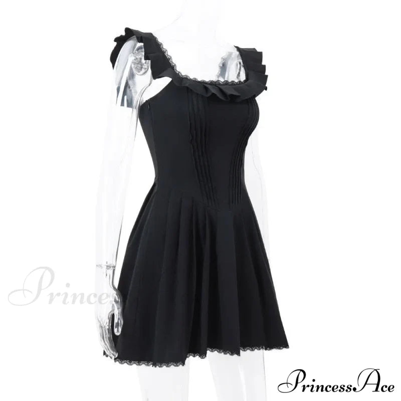 Black Corset Square Neck Graceful Frill Strap Mini Dress