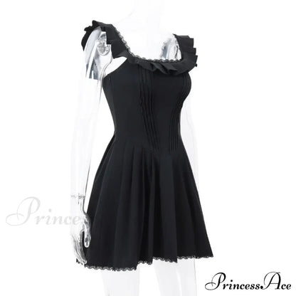 Black Corset Square Neck Graceful Frill Strap Mini Dress