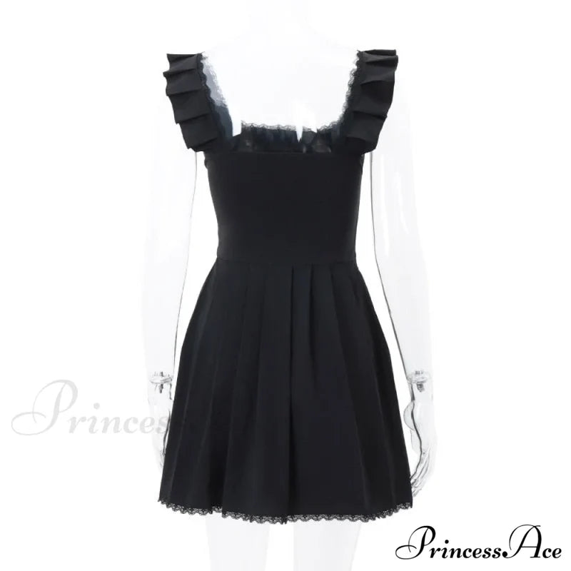 Black Corset Square Neck Graceful Frill Strap Mini Dress