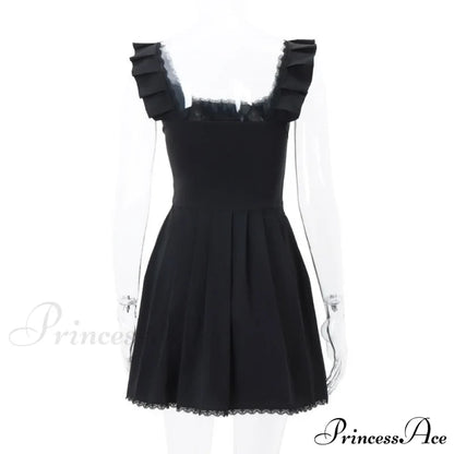 Black Corset Square Neck Graceful Frill Strap Mini Dress