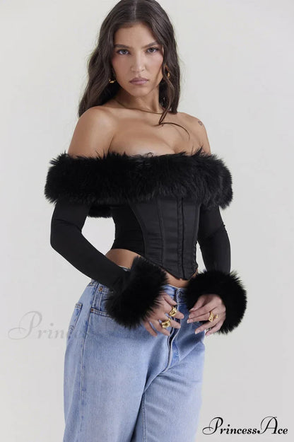 Black Faux Stylish Fur Trimmed Bustier