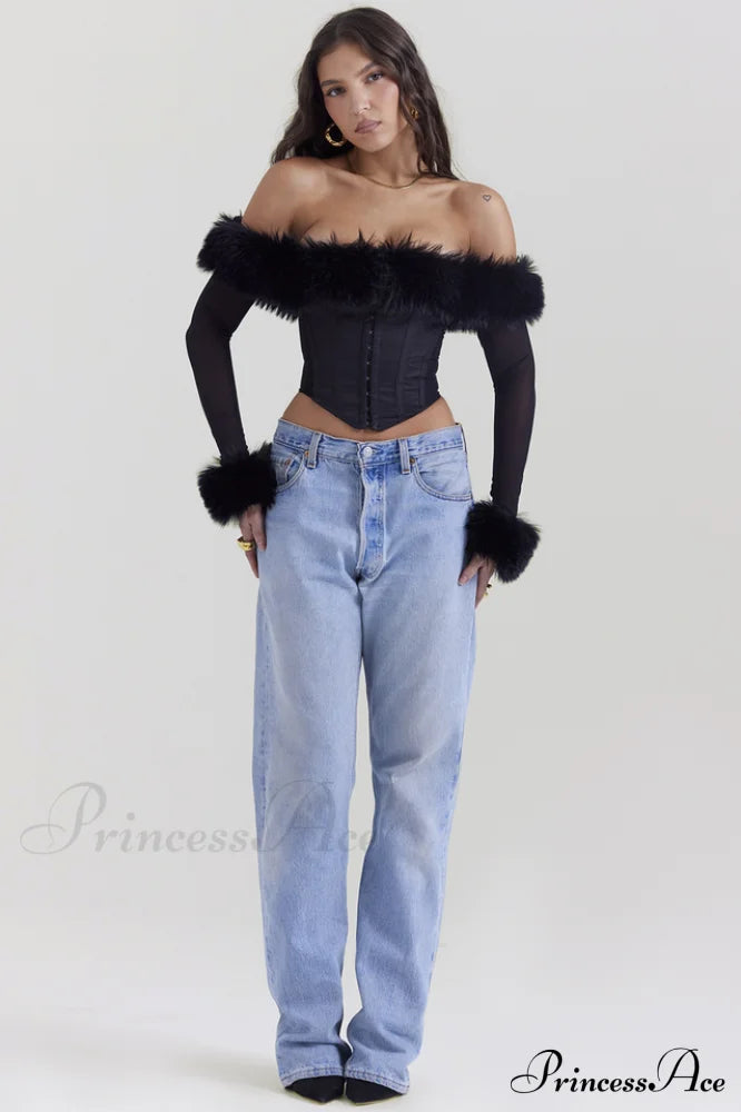 Black Faux Stylish Fur Trimmed Bustier
