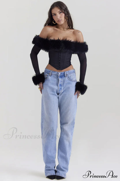 Black Faux Stylish Fur Trimmed Bustier