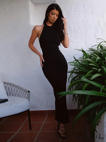 Black Halter Backless Maxi Graceful Dress With Back Straps Dressers