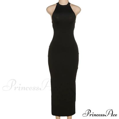 Black Halter Backless Maxi Graceful Dress With Back Straps Dressers