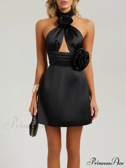 Black Halter Satin Trendy Cutout Flower Dress Xs Dresses
