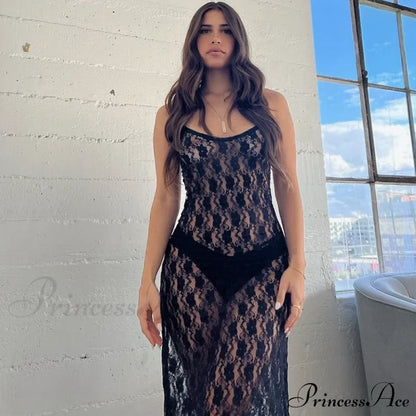 Black Lace Mesh Charming Strap Midi Dress