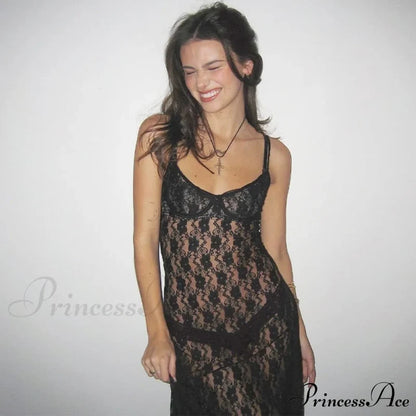 Black Lace Mesh Charming Strap Midi Dress