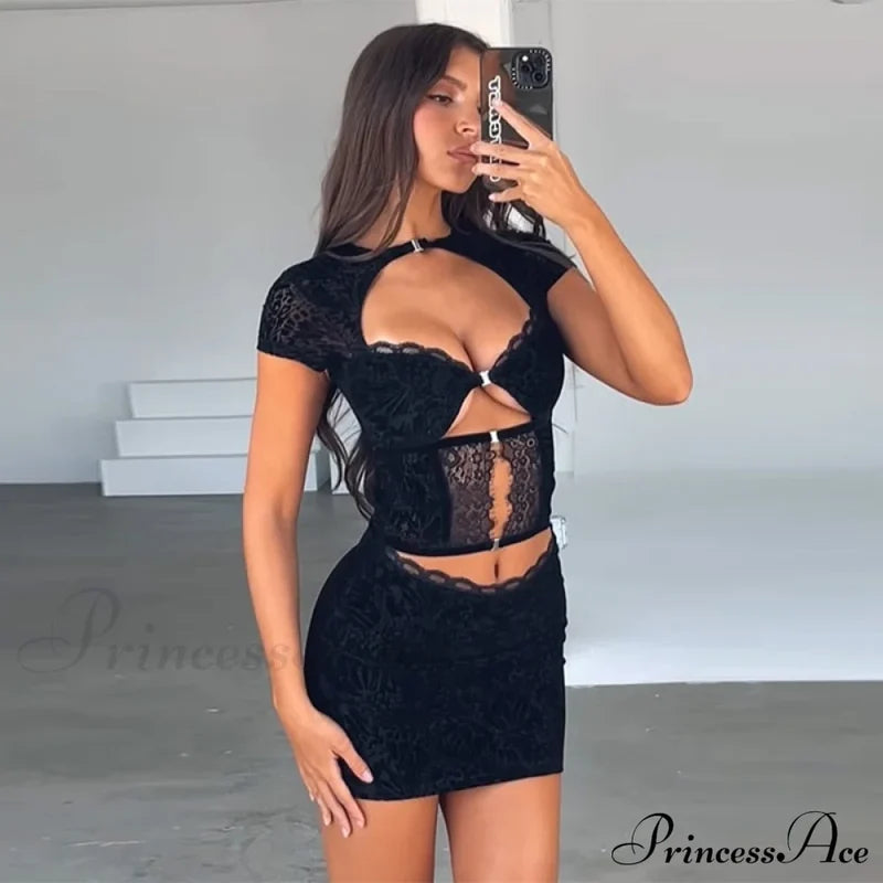 Black Lace Sheer Front Cut Trendy Out Design Short Sleeve Mini Dress / M