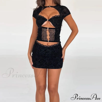 Black Lace Sheer Front Cut Trendy Out Design Short Sleeve Mini Dress
