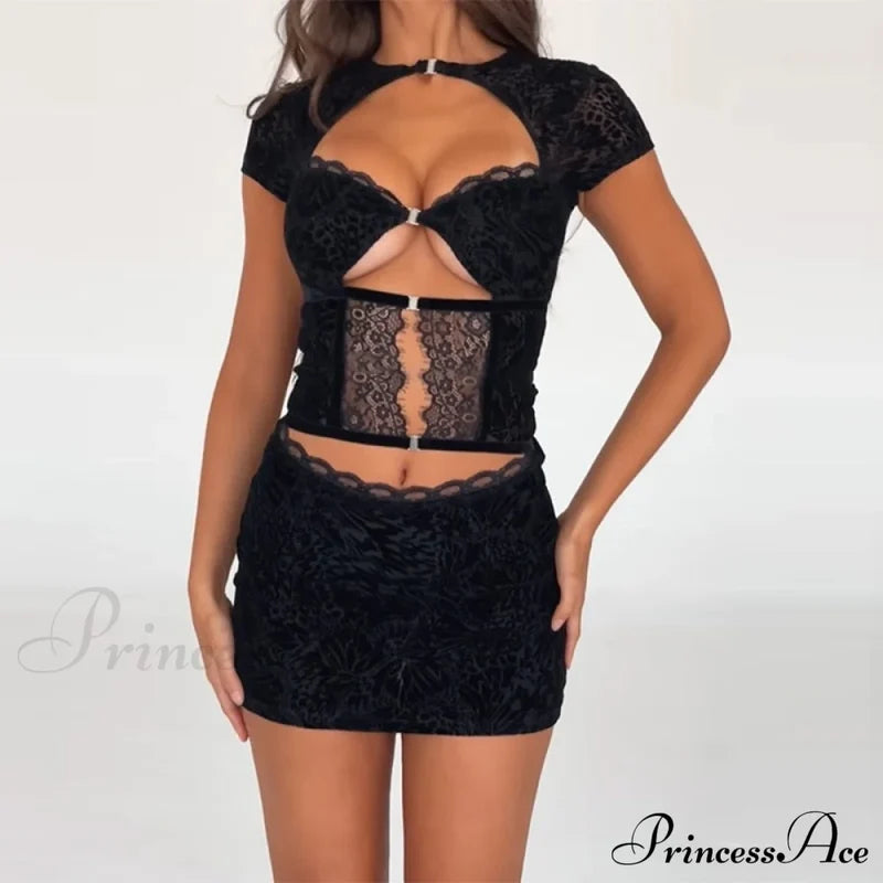Black Lace Sheer Front Cut Trendy Out Design Short Sleeve Mini Dress