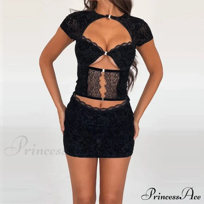 Black Lace Sheer Front Cut Trendy Out Design Short Sleeve Mini Dress