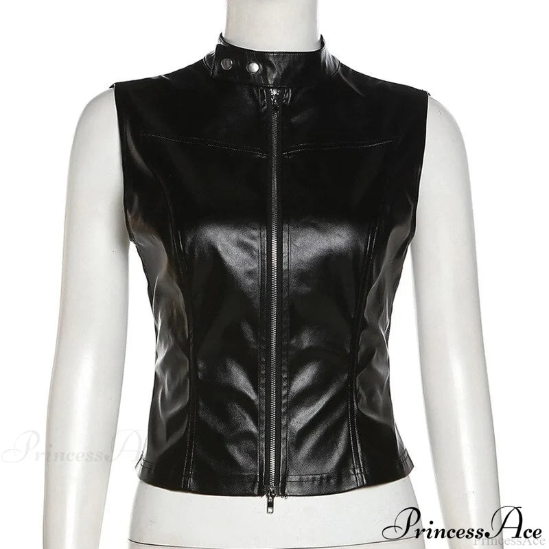 Black Pu Leather Charming Moto Zipper Tank Top