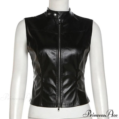 Black Pu Leather Charming Moto Zipper Tank Top