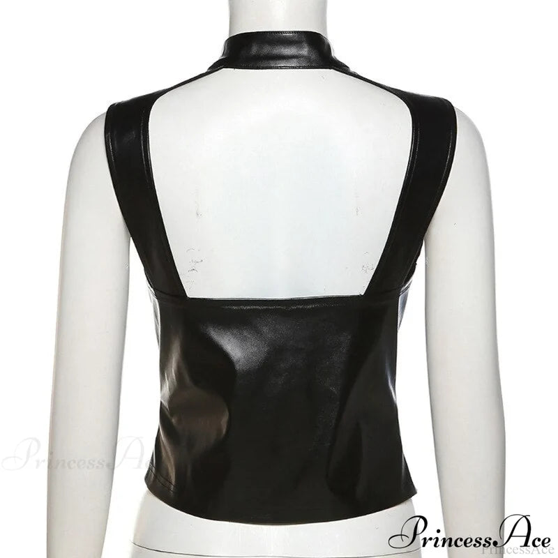 Black Pu Leather Charming Moto Zipper Tank Top