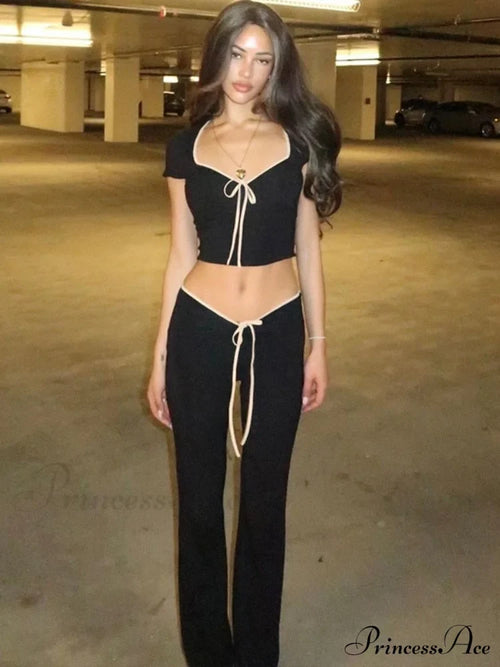 Black Ribbon Tie-Up Top And Pants Two Piece Set Free From Label