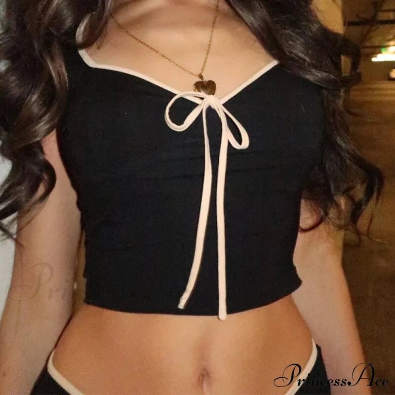 Black Ribbon Tie-Up Top Graceful And Pants Two Piece Set