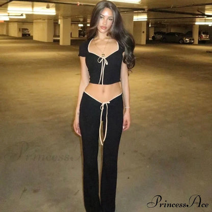 Black Ribbon Tie-Up Top Graceful And Pants Two Piece Set