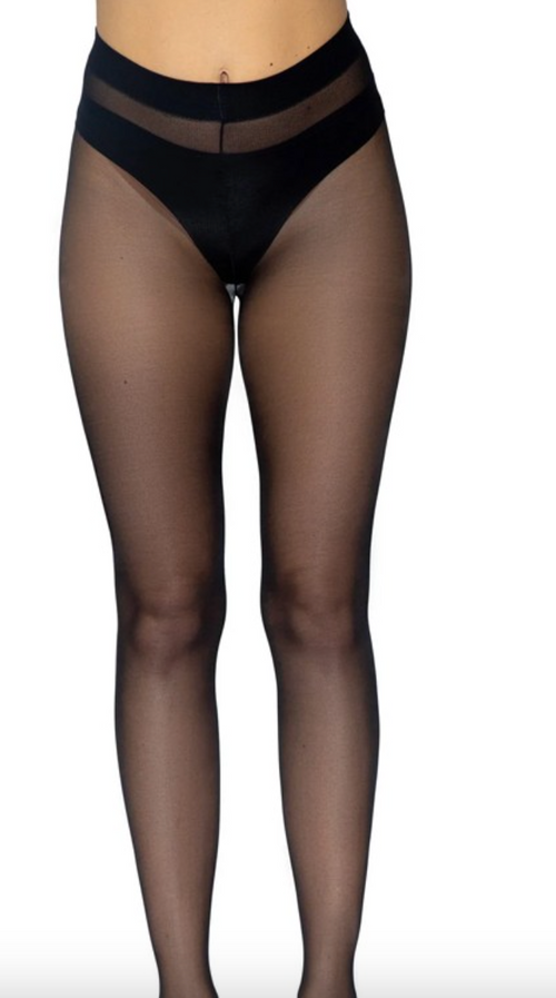 Black sheer tights worn on-model, showing high waistband and semi-transparent legs.