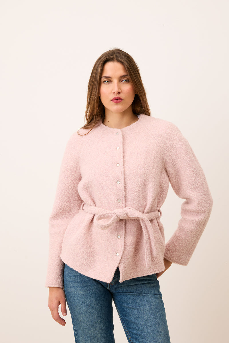 ANDREA ballerina pink belted bouclé wool jacket, front view by Rouje