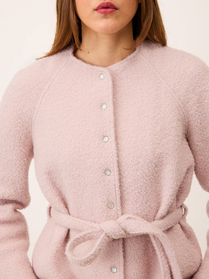 ANDREA pink bouclé jacket worn on a model by Rouje