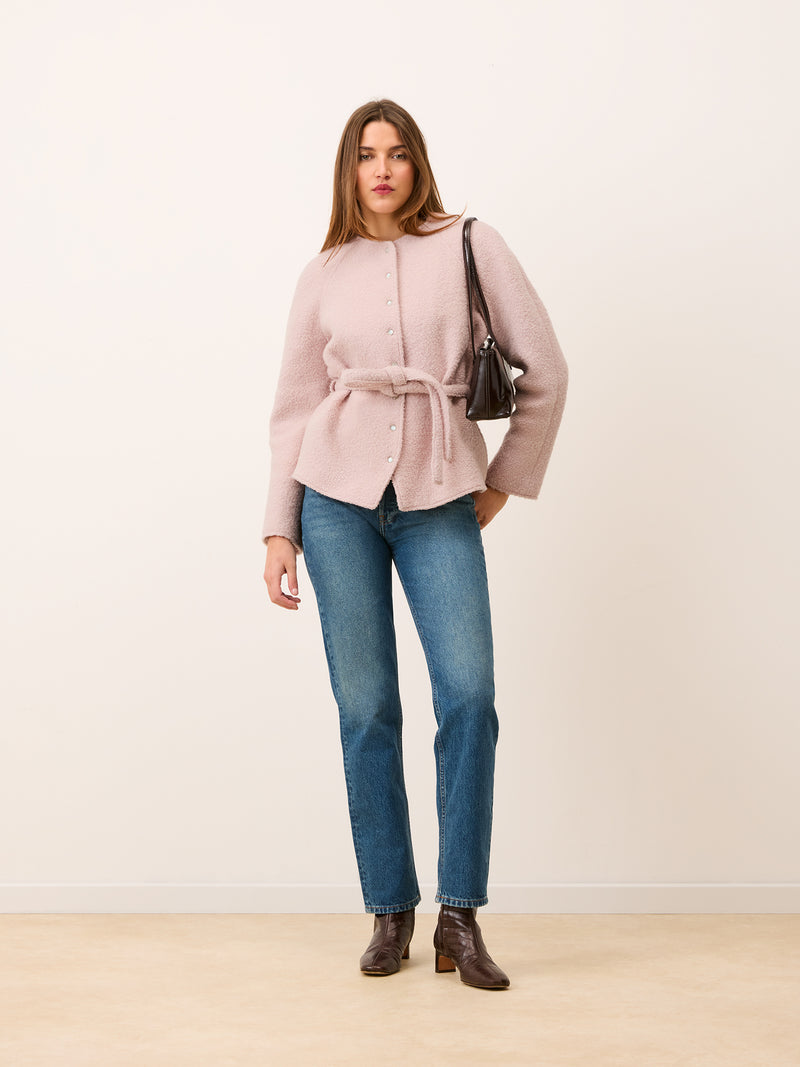 ANDREA ballerina pink bouclé wool jacket, lifestyle setting by Rouje
