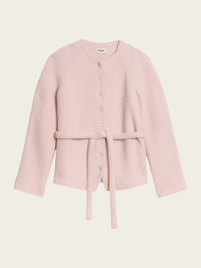 ANDREA ballerina pink belted bouclé wool jacket, flat packshot by Rouje