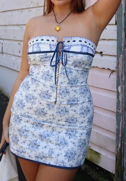 Blue Floral Lace Tube Mini Dress Free From Label