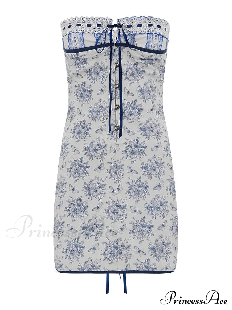 Blue Floral Lace Charming Tube Mini Dress