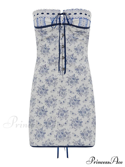Blue Floral Lace Charming Tube Mini Dress