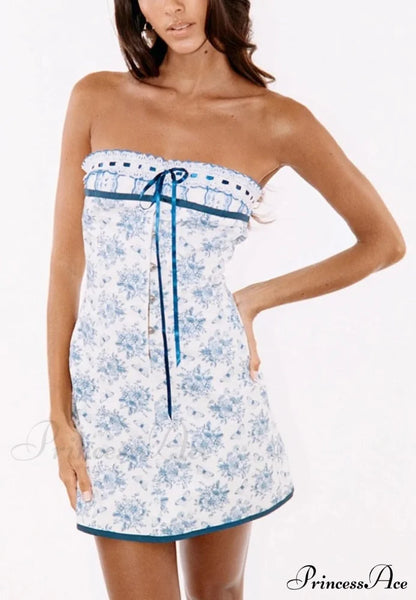 Blue Floral Lace Charming Tube Mini Dress