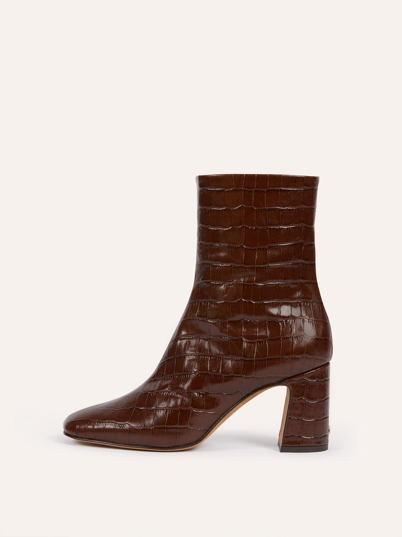 CLAUDIA chocolate crocodile leather ankle boots, front view by Rouje
