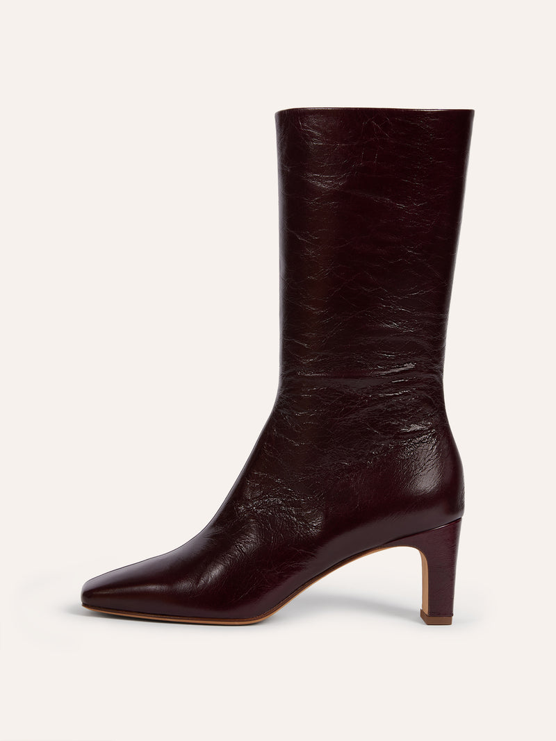 ELSA aged burgundy leather ankle boots, front view by Rouje