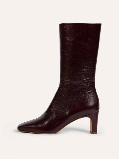 ELSA aged burgundy leather ankle boots, front view by Rouje