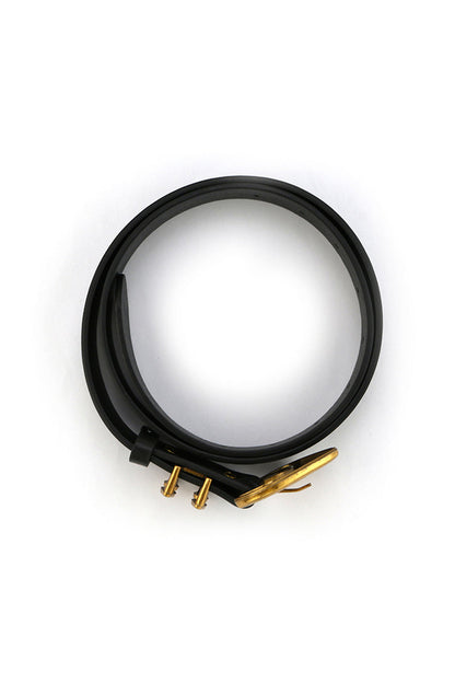 Detail shot of the Bradbury Black and Gold Vegan Leather Belt highlighting the vegan leather and leather elements.